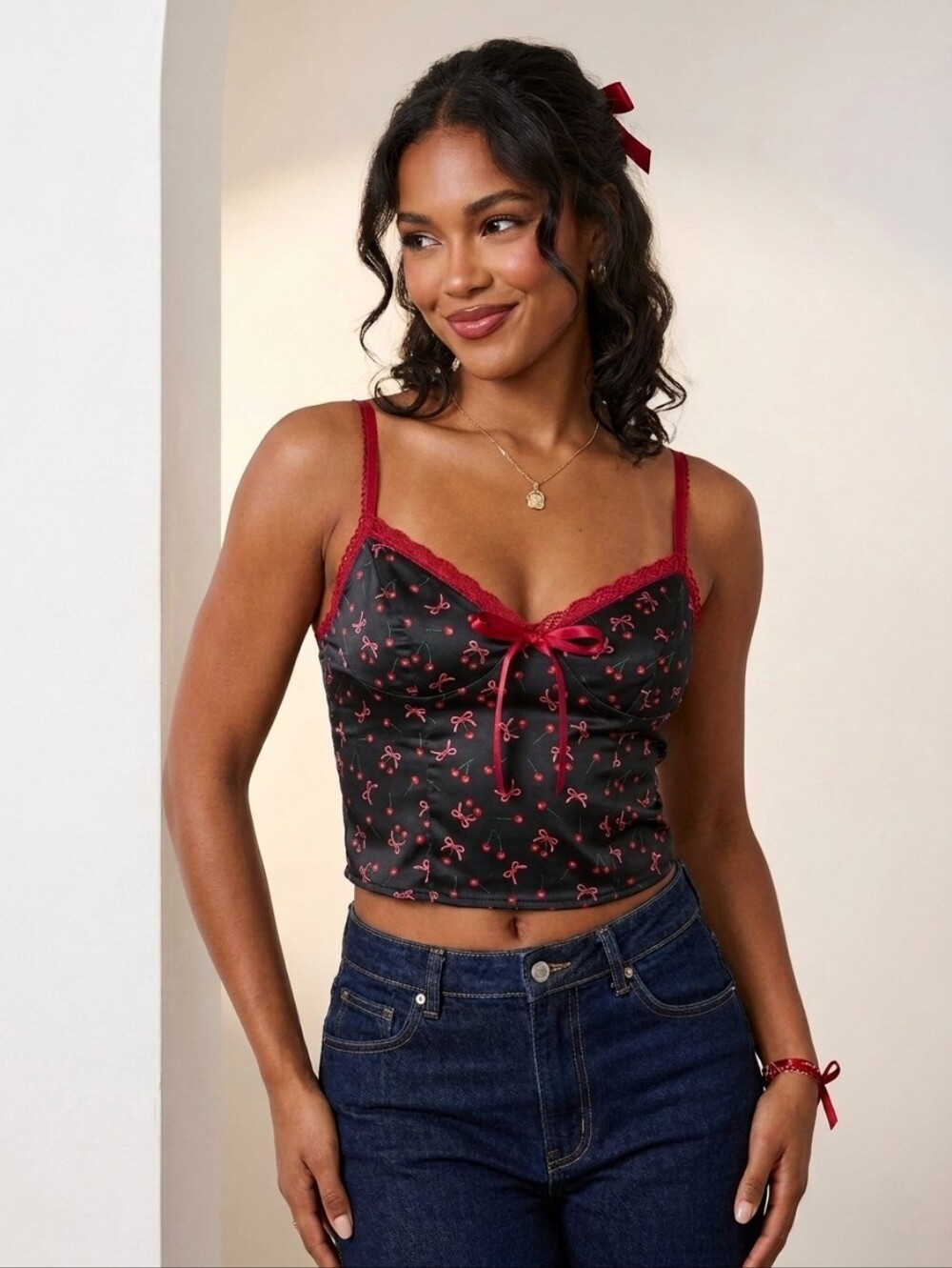 🖤🎀🍒NWT Cider "Coquette Girl Silky Feel🥰Cami Top" Black🖤Pink🎀Red🍒 Sz Small